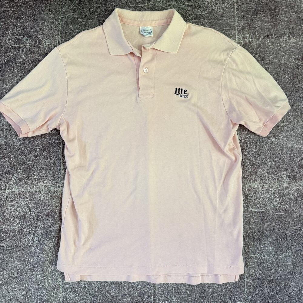 Men's Vintage 70's Vantage Miller Lite Beer Pastel Pink Employee Polo Shirt Sz L